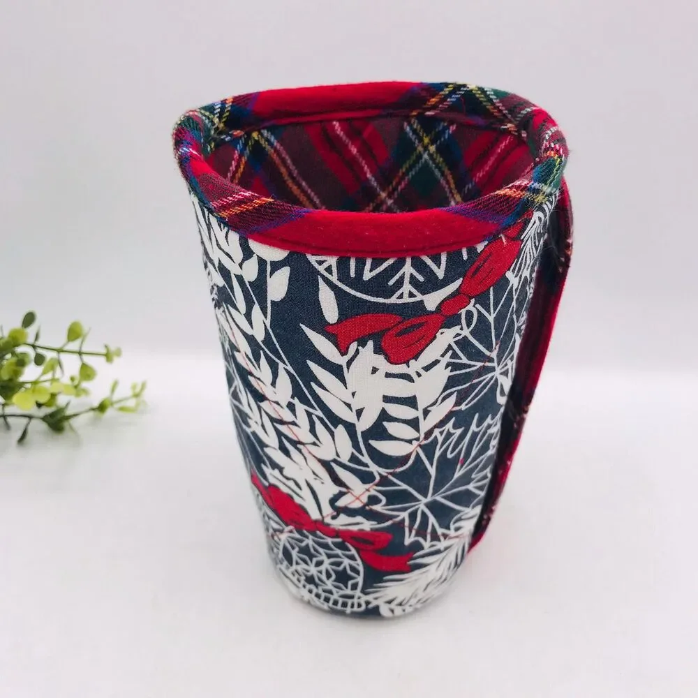 Drink Coozie w Handle Hot Cold Insulated Christmas Navy, Red, Plaid, Pinecones
